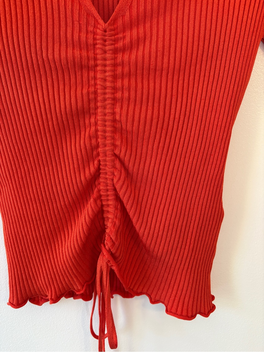 HUGO Hugo Boss Orange Ribbed Ruched Drawstring V-Neck Top Size M - Picture 4 of 8